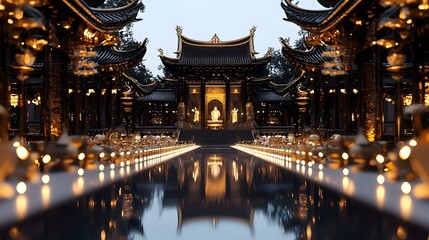 Fototapeta premium Serene Temple Interior, an inviting space adorned with colorful offerings, embodying tranquility and spiritual reflection in a sacred atmosphere.