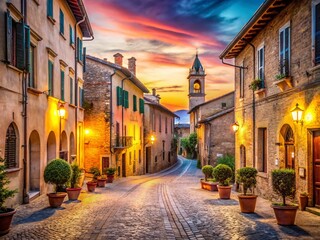 Long Exposure of Charming Rural Town in Emilia-Romagna, Italy at Dusk