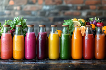 Assortment of colorful fruit and vegetable juices and smoothies in glass bottles.  Vibrant, healthy, and refreshing drinks for a balanced diet and lif