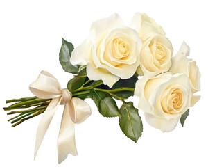 Beautiful bouquet of white roses with a delicate ribbon on an isolated background.