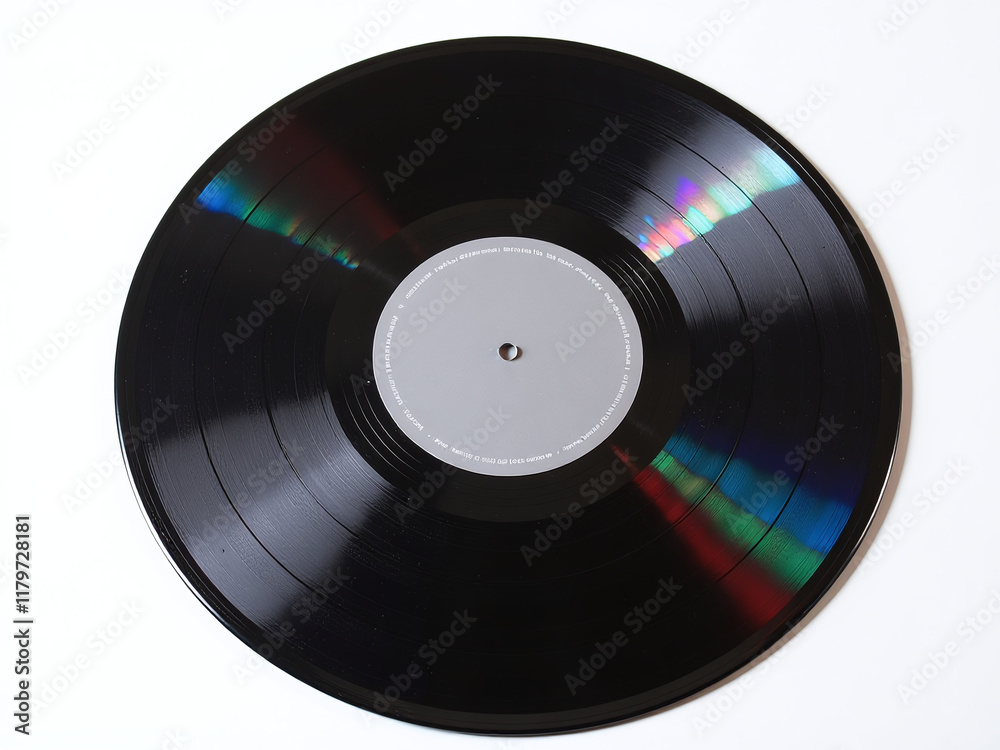 Poster A Black Vinyl Record With Colorful Light Reflections Is Isolated On A White Background With An Empty Grey Label Space. 00003