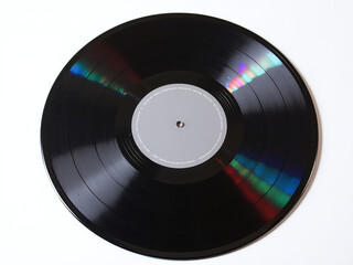 A Black Vinyl Record With Colorful Light Reflections Is Isolated On A White Background With An Empty Grey Label Space. 00003