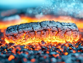 Lying flat rest escape concept. A glowing, charred log rests on hot coals, emitting a mesmerizing...