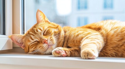 Lying flat rest escape concept. A sleepy orange cat relaxes on a windowsill, basking in sunlight, creating a cozy and serene atmosphere.