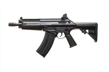 Contemporary automatic rifle displayed on a white backdrop intended for law enforcement and military use featuring mechanical sights
