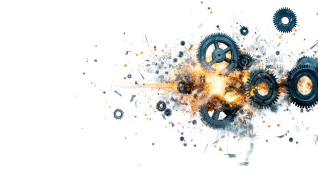 Abstract representation of mechanical gears and explosive motion with sparks in a dynamic composition of industrial design elements