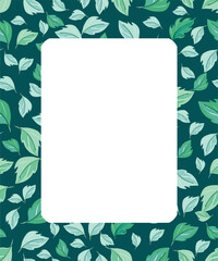 Vintage frame with botanical decoration of plants with leaves and twigs of various shades of green. Vector