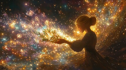 Obraz premium Woman Offers Glowing Plants Amidst Starry Cosmos