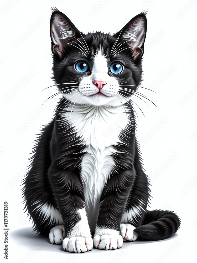 Poster a black and white graphic portrait of a cat is isolated on a pure white background for visual impact