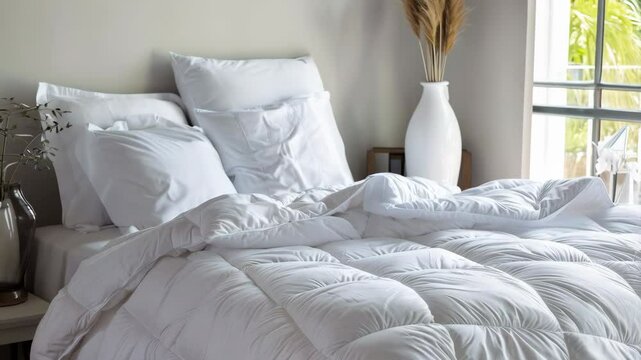 white duvet and pillows on the bed in bright bedroom