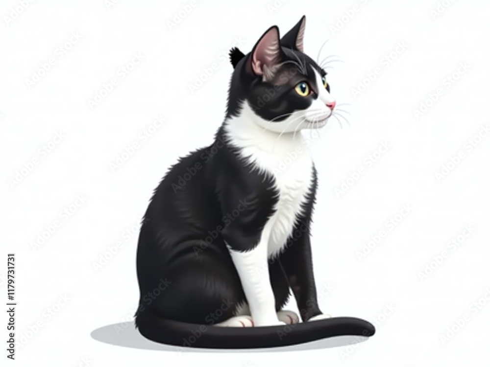 Poster a black and white cat sits backwards on a white background in an isolated graphic design. 00002