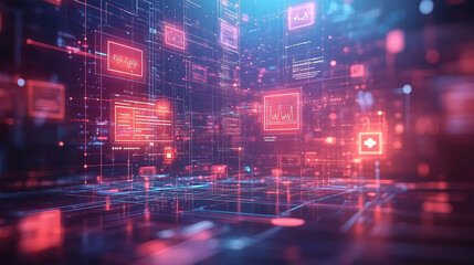 modern digital health ecosystem showcasing vibrant data visualizations and health metrics. scene emphasizes technologys role in healthcare, creating dynamic and engaging atmosphere