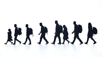 Obraz premium Silhouette of Refugees Journeying, a group of individuals traversing a barren landscape, embodying resilience and hope amidst stark surroundings.