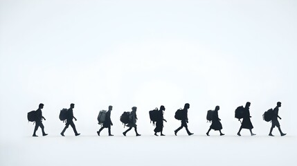 Obraz premium Silhouette of Refugees Journeying, a poignant depiction of resilience, shadows of individuals traversing a stark white backdrop, evoking hope and struggle.