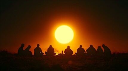Fototapeta premium Silhouetted Revelry, a vibrant celebration of Slavic culture, people joyfully dancing against a sunset backdrop, festive atmosphere, unity in tradition
