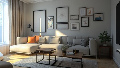 Modern Living Room Interior Design Cozy Sectional Sofa Wall Art Coffee Tables