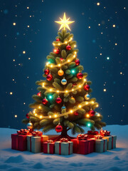Fototapeta premium A Beautifully Decorated Christmas Tree Shines Brightly In The Dark Night, Surrounded By Gifts Under Its Twinkling Lights And Stars. 00001