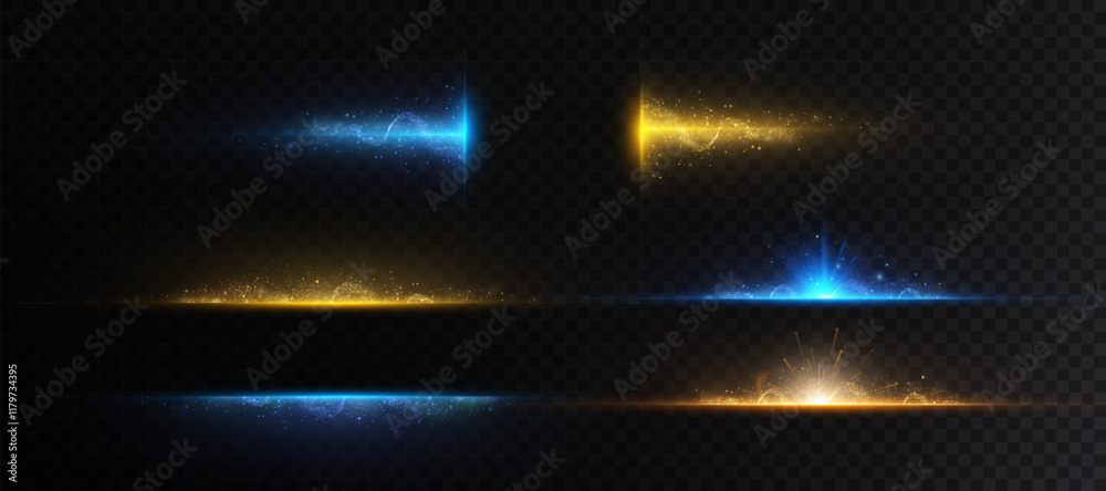 Poster abstract gold and blue vertical glow. bright explosion of light of flickering rays on black backgrou