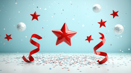 Naklejka premium Red stars, ribbons, and confetti celebrate on a light blue background.