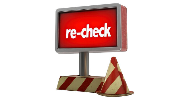 Recheck Alert, Bright red digital screen, caution cone, symbol of review or attention, cautionary reminder icon Isolated on white background or PNG