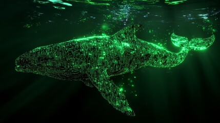 Digital Whale Symphony: Glowing Silhouette in Neon Matrix, Pixel Glitch Details on Dark Abstract Background with Smooth Lighting
