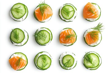 Delicious salmon and cucumber appetizer with cream cheese and dill on white background seen from above