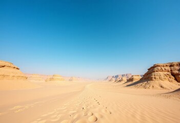 Desert landscape with footprints in sand and blue sky