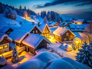 Long Exposure Snowy Village Winter Wonderland Night Scene