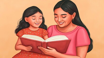 World Read Aloud Day Mother and daughter reading together happily.