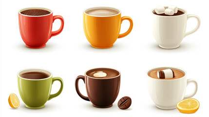 Obraz premium Cups of coffee, tea and cocoa top view. Vector realistic set of hot drinks in mugs, espresso, green tea and black with lemon, chocolate with milk and marshmallow isolated on white background