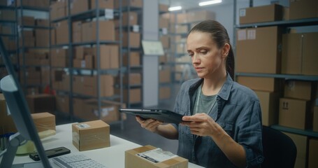 Female warehouse associate scans parcel using tablet computer, works with E-commerce online orders. Sorting center worker carrying cardboard boxes for delivery. Warehouse or storage of postal service.