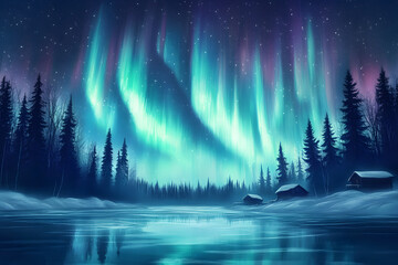Active Northern Lights illustration, aurora boralis dancing ovr a frozen lake in the night sky