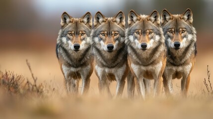 Obraz premium Four wolves stand in a line, showcasing their keen eyes and strong posture in a natural, open landscape.