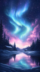 Fototapeta premium Active Northern Lights illustration, aurora boralis dancing ovr a frozen lake in the night sky