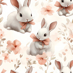 Cute Baby Rabbits with Peach Blossoms Watercolor 
 Seamless Pattern Background