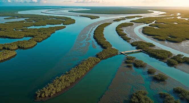 A peaceful river delta with a complex network of channels and mangroves