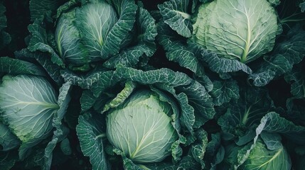 Obraz premium A garden bed filled with large, leafy cabbages ready for harvest, capturing the natural beauty of organic farming