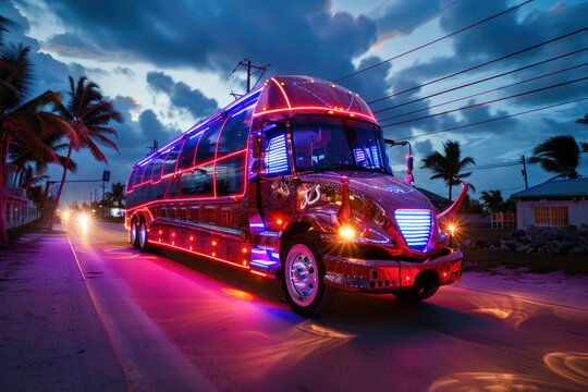 Colorful illuminated party bus driving along tropical road at dusk with palm trees