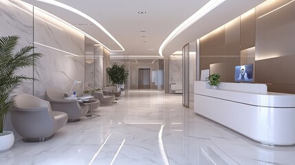 A high-end clinic interior with marble floors, plush seating, and advanced medical technology for a luxury healthcare experience.