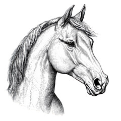 Horse Head Sketch Engraving: A detailed engraving-style sketch of a horse��s head, highlighting its features. Transparent background.