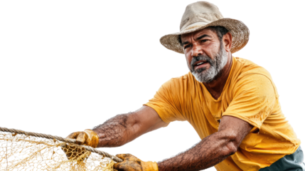 Determined Fisherman with a Net at Work in a Coastal Environment on a Bright Sunny Day