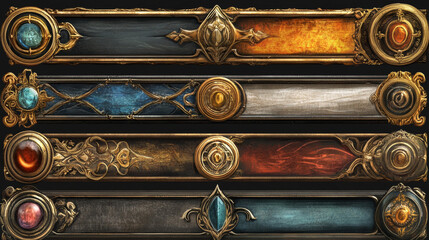 Medieval buttons, ui game menu elements, red oblong banners and gold ornate rims. Empty royal gui bars for rpg or arcade, golden borders, web design interface Cartoon 3d vector illustration, set