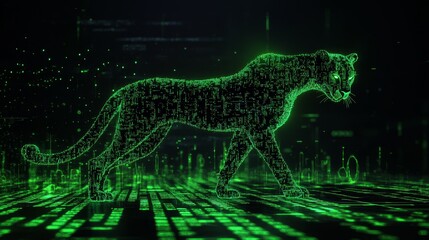 Digital Cheetah: Neon Glitch Silhouette in Futuristic Abstract Setting