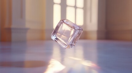 A Glass Cube Suspended in a Sunlit Room with Reflections on a Shiny Surface