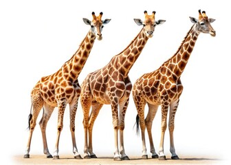 Obraz premium A breathtaking portrait: a trio of giraffes, starkly beautiful against a pure white background.
