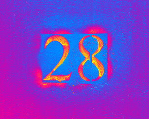 Bright number 28 on blue and purple background. Twenty-eight on textured surface 