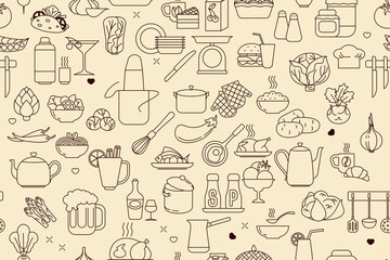 Seamless background. Pattern with products and kitchen tools. Sweets, drinks, vegetables, goat food, pots, plates, etc. Vector