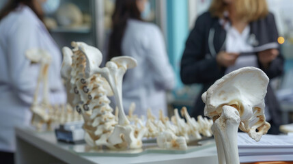 Obraz premium Medical students studying human anatomy with skeletal models in a laboratory setting