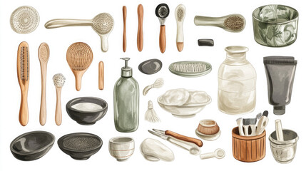 Artistic collection of various grooming and beauty tools arranged on a white background