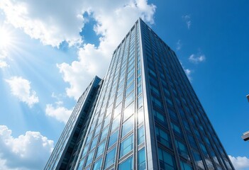 Glass building with sun rays and clouds